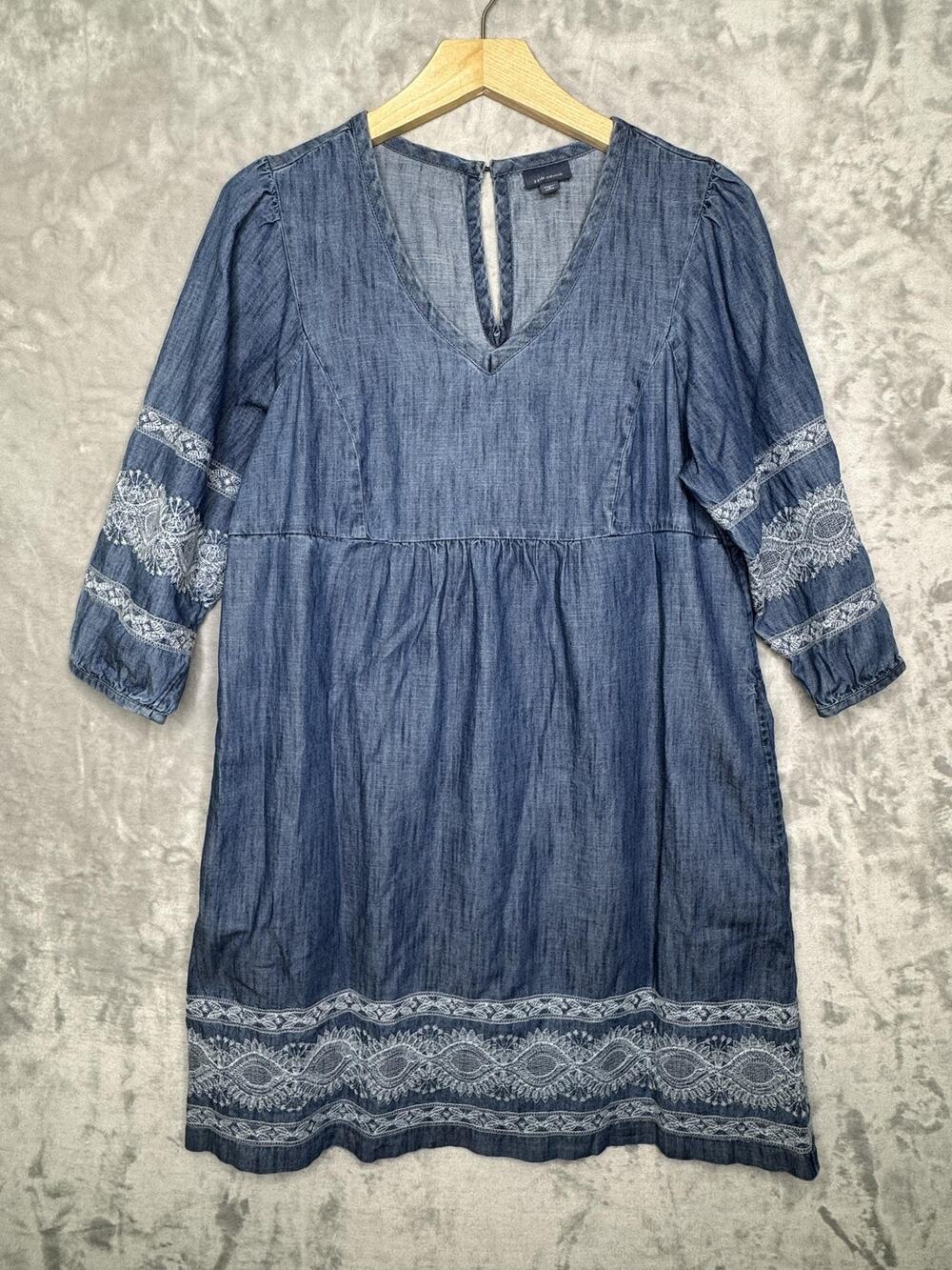J Jill Denim Dress Womens Small Petite Blue Embroidered Shift 3/4 Sleeve Boho